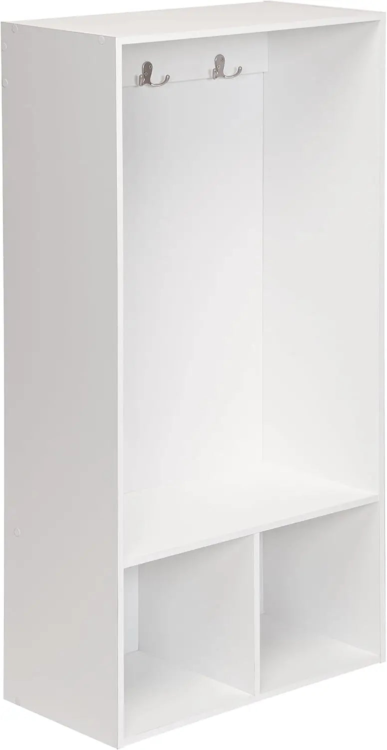 Wood Locker, 2 Cubby Cube Compartments Open Storage, 3 Hooks, for Coats, Backpacks, Jackets, White Finish, 47-Inch