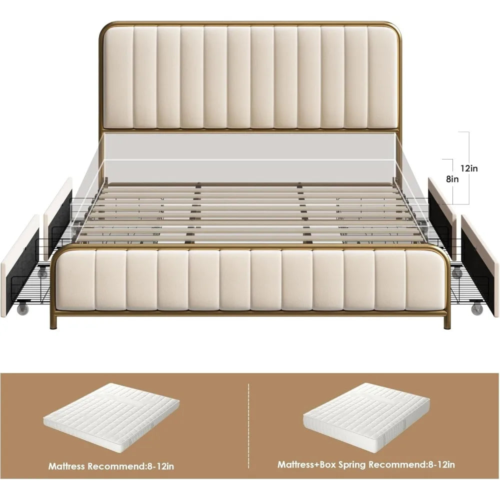 Upholstered Bed Frame with 4 Storage Drawers and Headboard, Heavy Duty Metal Mattress Foundation with Wooden Slats Easy Assembly