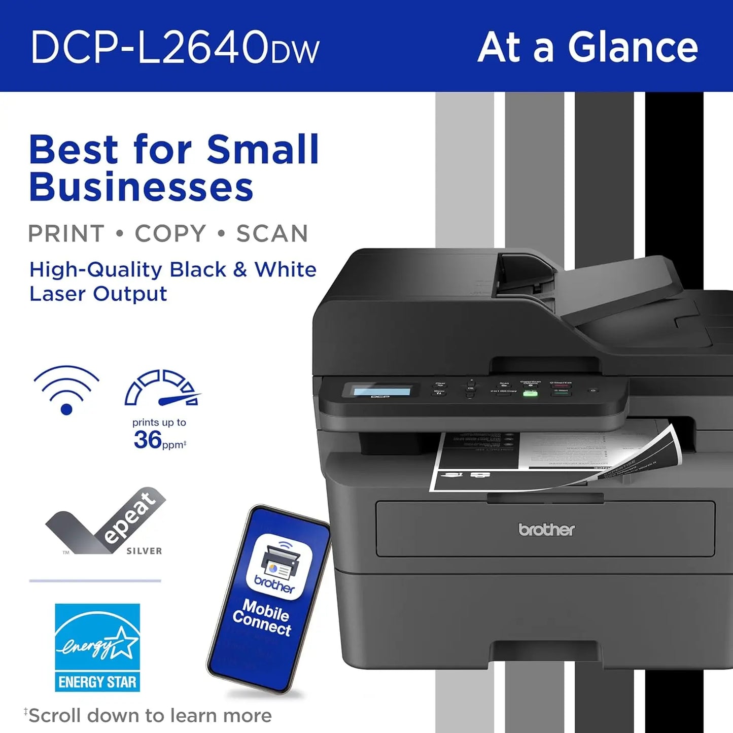 Wireless Compact Monochrome Multi-Function Laser Printer with Copy and Scan, Duplex, Mobile, Black & White Includes