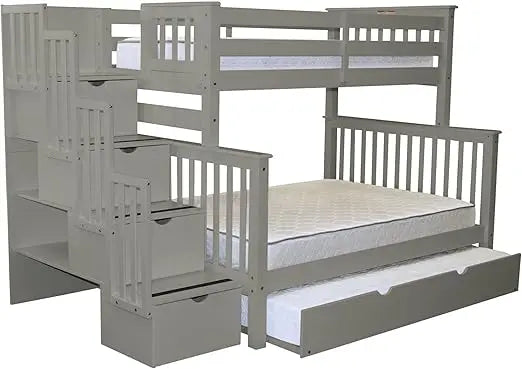 Bunk Bed, King Stairway Bunk Beds Twin Over Full with 4 Drawers in The Steps and A Twin Trundle, Wood Bunk Bed Frame