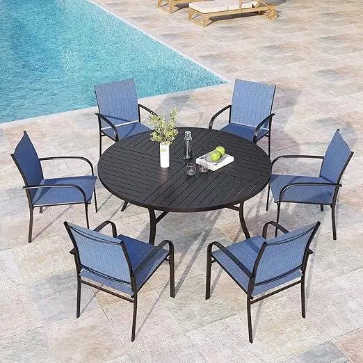 7 Pieces Outdoor Table and Chairs,54" Round Table and 6 Patio Chair Set, Outdoor Dining Furniture Set for Lawn Backyard Deck