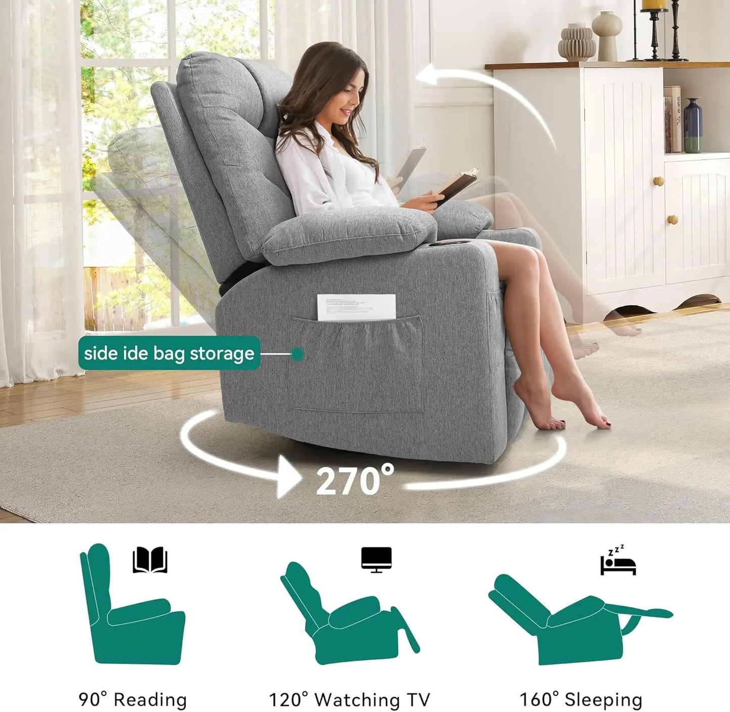 Recliner for Big and Tall Seniors, 270° Swivel Glider Rocker Recliner with Heat and Massage for Living Room, Theater Seating