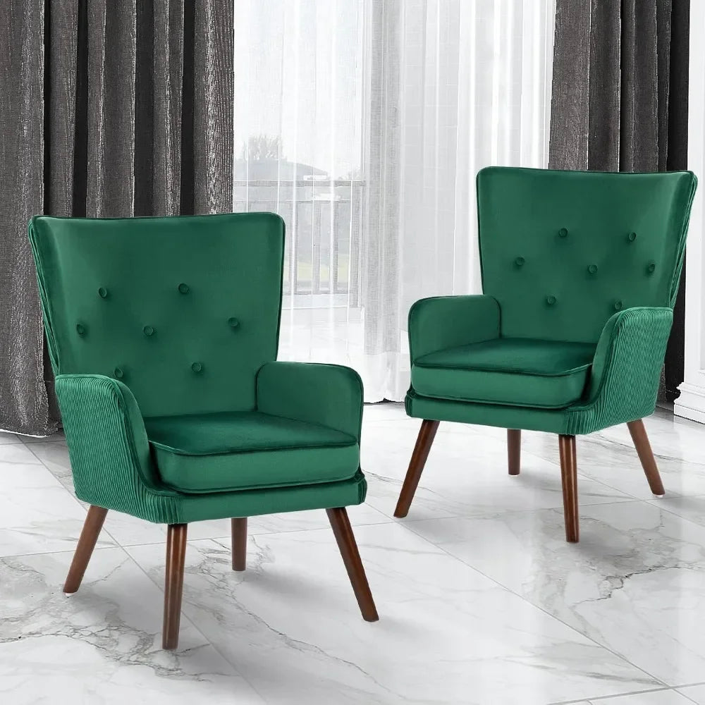 Velvet Accent Chair Set of 2, Modern Wingback Armchair with High-Back,Accent Club Arm Chair (Green),Living Room Chairs