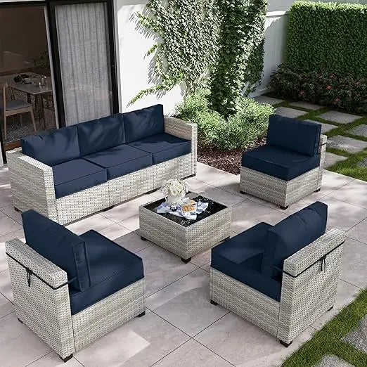 7-Piece Outdoor Patio Furniture Set,Gradient Wicker Sectional Sofa, Modular Wicker Patio Conversation Set, Garden Furniture Sets