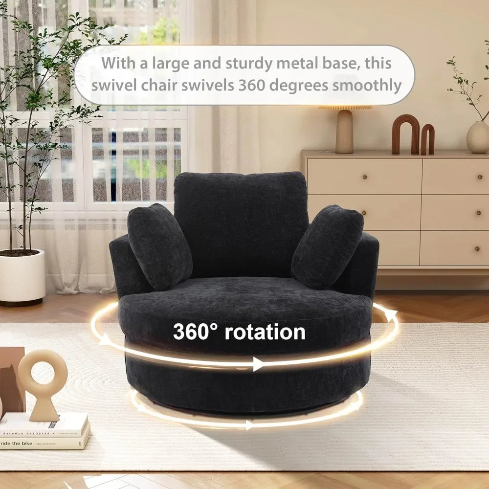 42.2" W Oversized Swivel Accent Chairs, 360 Degree Modern Living Room Swivel Chair, Chenille, Black,Living Room Chairs