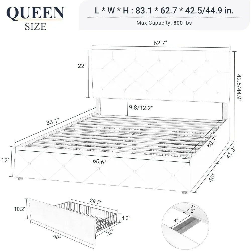 King Platform Bed Frame with 4 Storage Drawers and Headboard,Wood Slats Support Mattress Foundation,White Modern King Bed Frame