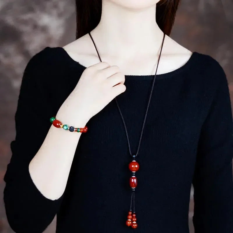 Natural Red Agate Woolen Chain Necklace Pendant Long Pendant Simple Exquisite Chinese Ethnic Style All-match Jewelry Set Women's