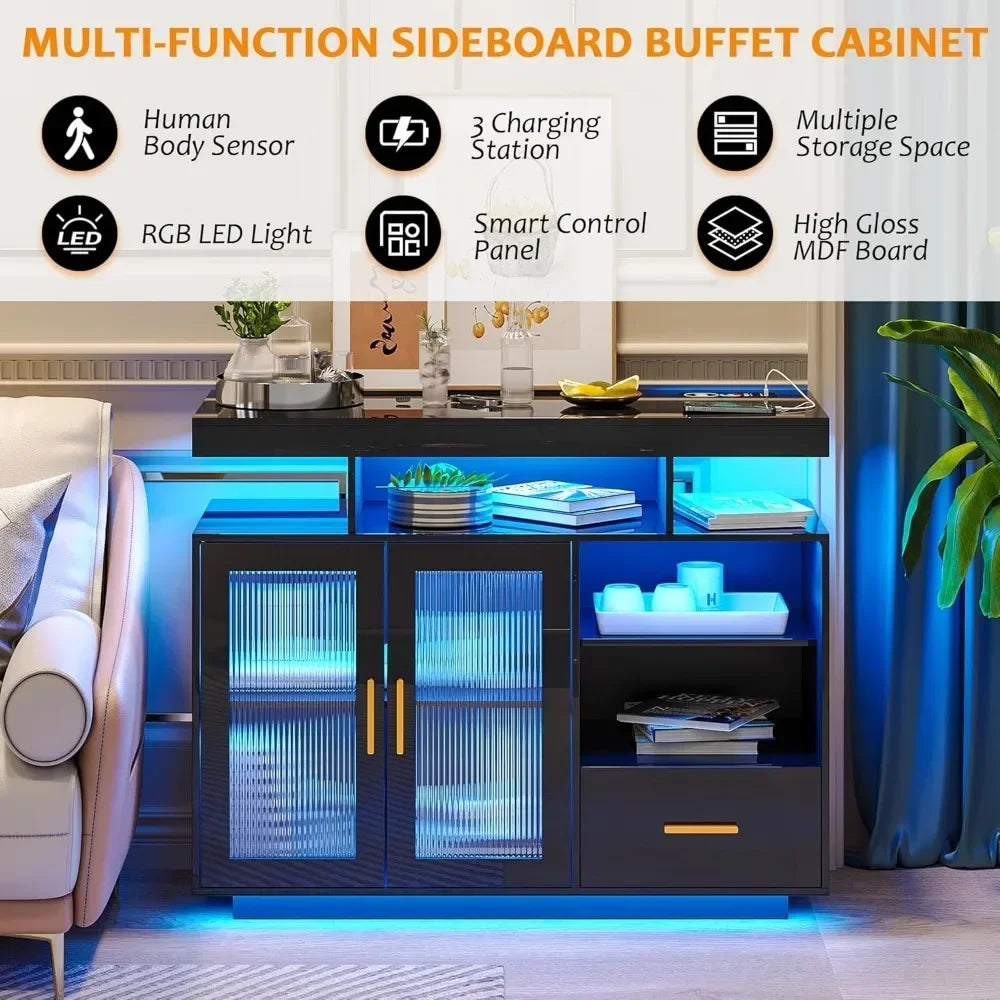 Living room cabinet,LED Sideboard Buffet Cabinet with Storage, Modern Black Coffee Bar Cabinet with Charging Station