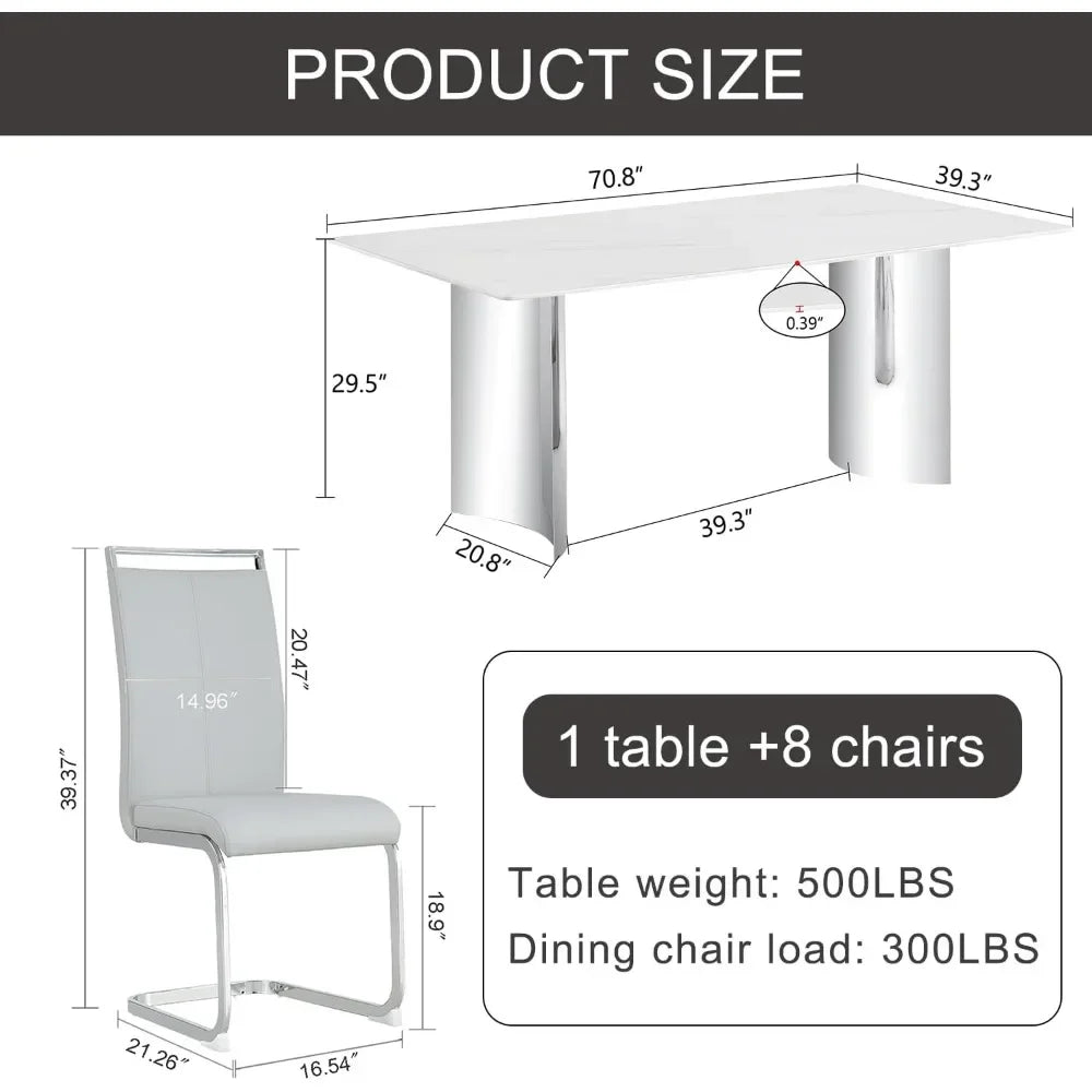 71'' Rectangular Glass Table Top with Stainless Steel Base,Large Kitchen Table with 8 Light Grey PU Leather Chairs