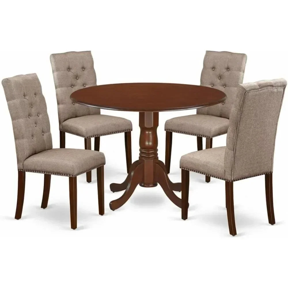 5 Piece Room Furniture Set Includes A Round Dining Table with Dropleaf and 4 Dark Khaki Linen Fabric, Dining Tables