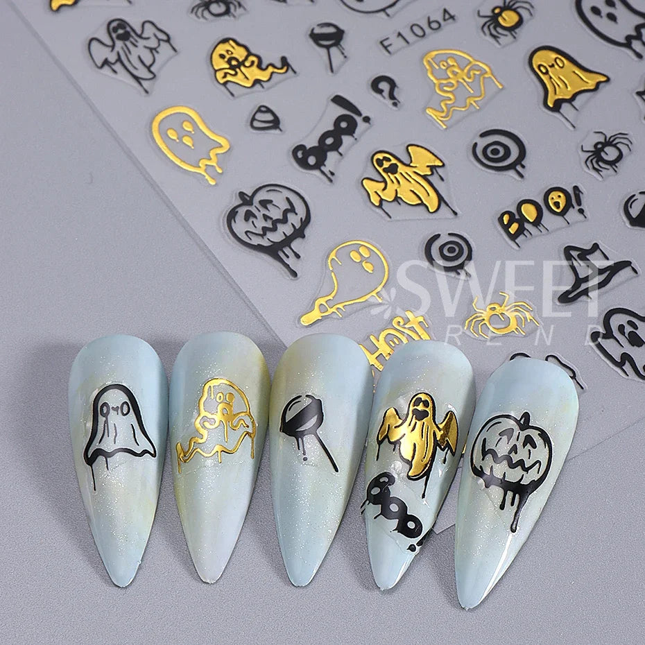 3D Halloween Nail Art Stickers Gold Spider Ghost Cat Pumpkin Design Decals Holographic Nail Art Slider DIY Manicure Decoration