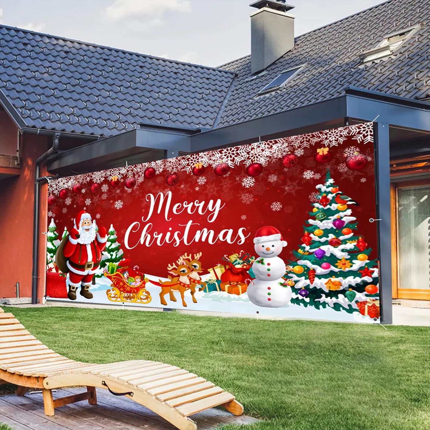 Merry Christmas Garage Wall Background Banner Santa Claus Xmas Tree Red Glitter Snowflake Bells Garage Door Frame With Hooks