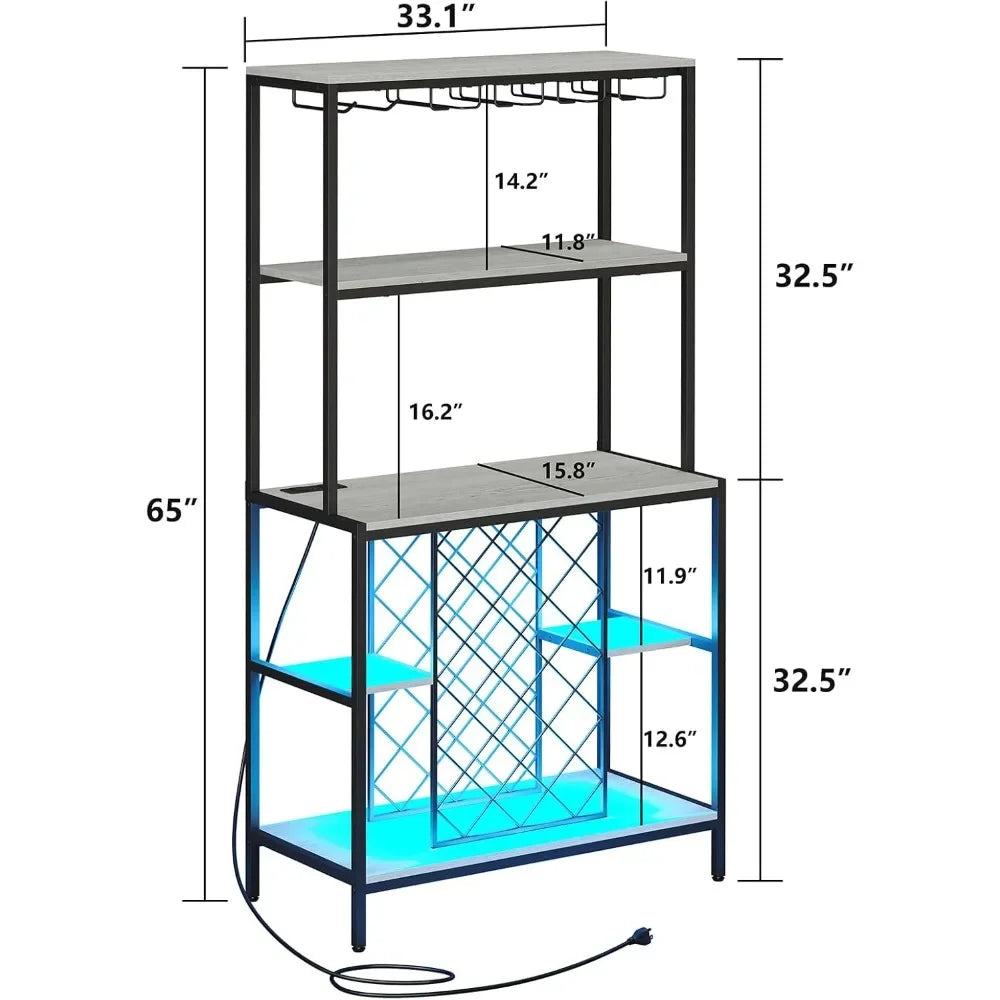 Wine Cabinet with Power Outlets & LED Lights, 5-Tier Industrial Wine Bar Cabinet with Glass Holder for Liquor Storage Wine Ranks