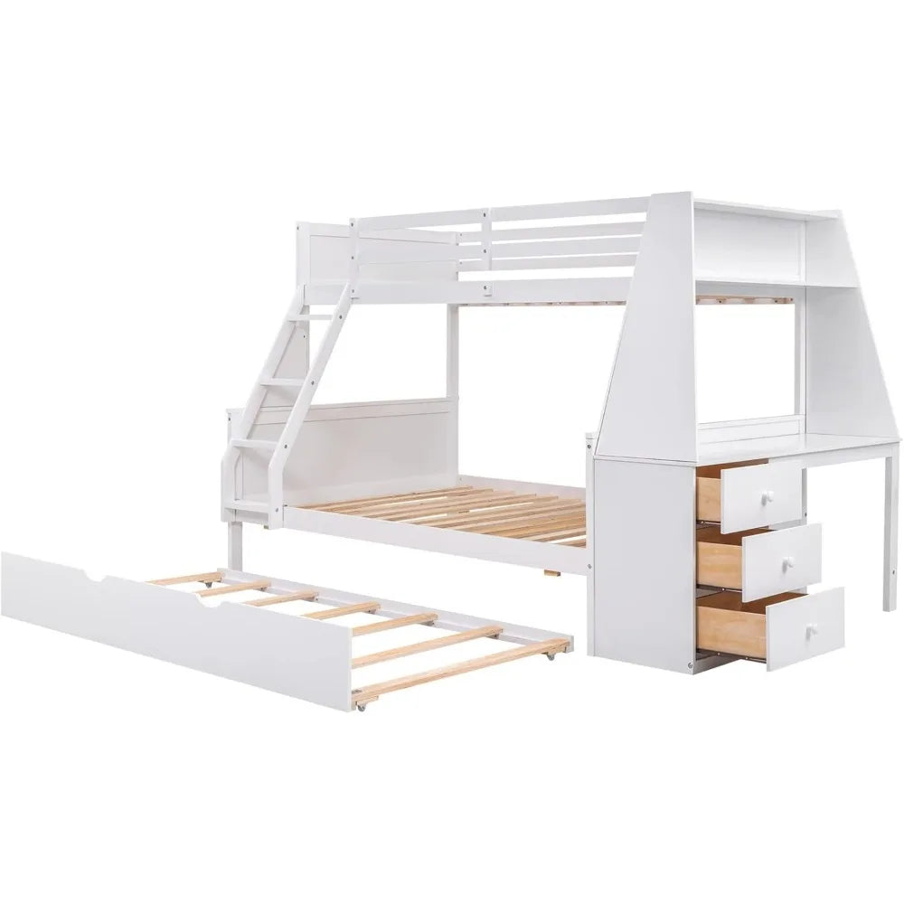 Bunk Beds ,with Trundle and Desk with Three Storage Drawers and One Shelf for Kids Boys Girls Teens, Wood Bunk Bed Frame