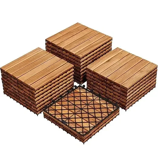 Garden flooring, 10PCS Acacia wood interlocking flooring for outdoor and indoor waterproofing, 12 x 12 inches, garden flooring