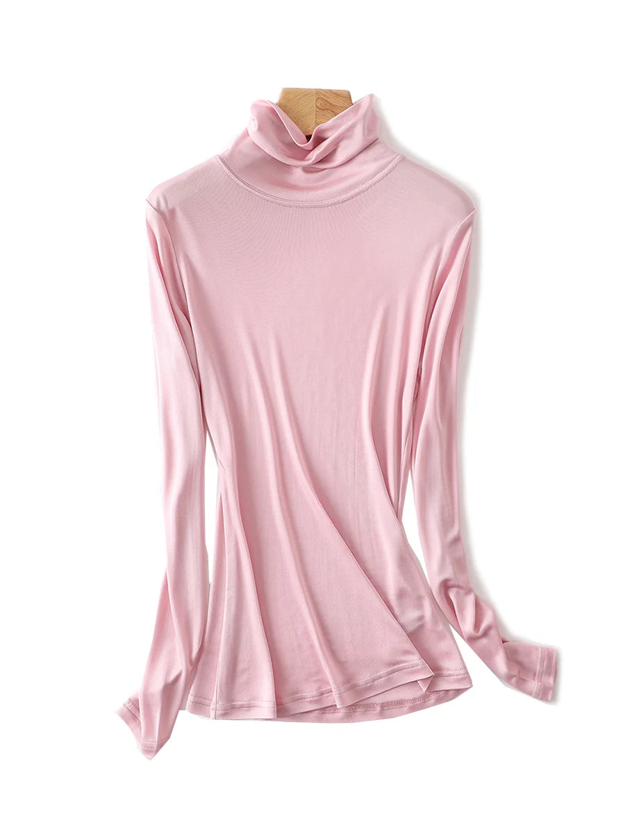 SuyaDream Silk Chic: Turtleneck, Long-Sleeved Solid Pullover. The perfect bottoming T-shirt for 2024 spring-autumn tops.