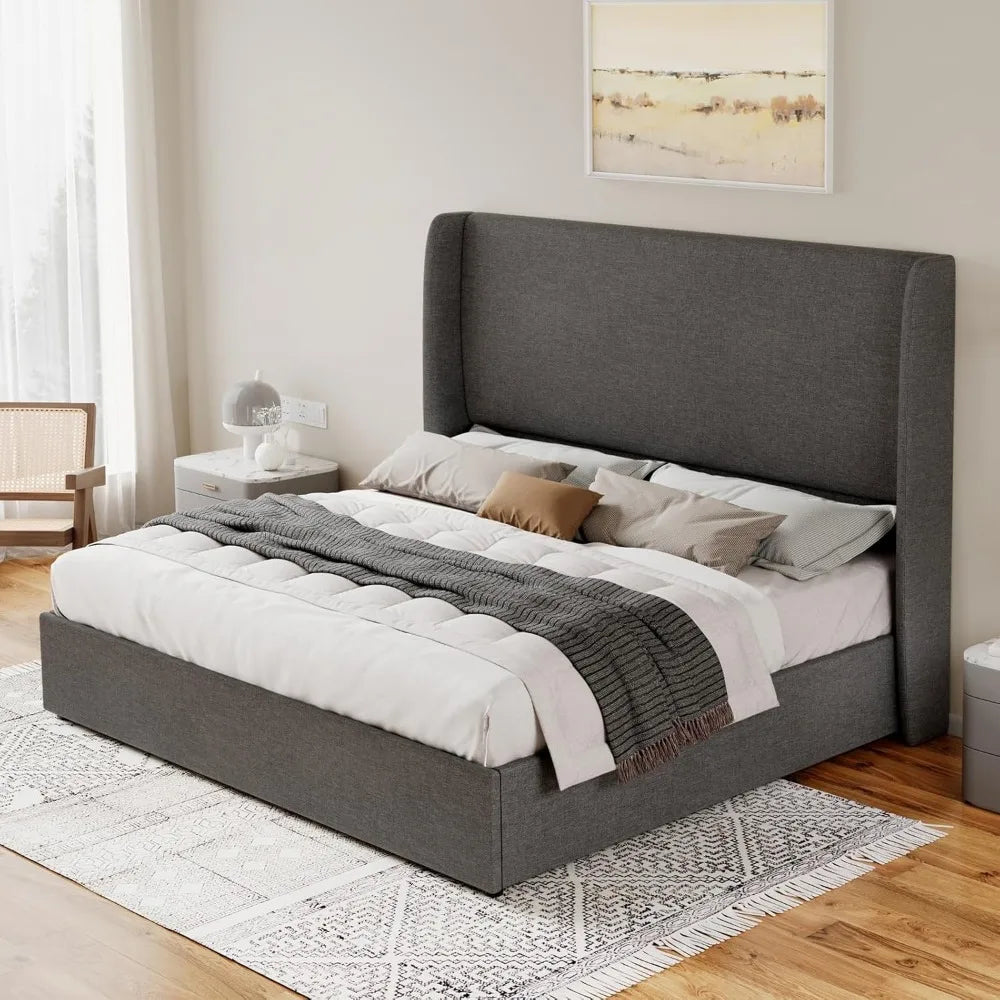 Storage Bed Queen Size Linen Upholstered Platform Bed Frame/Hydraulic Storage/Modern Wingback Headboard/No Box Spring Needed