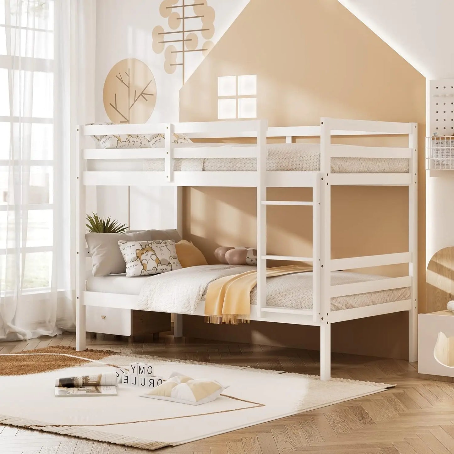 Wood Bunk Bed Twin Over Twin, with Ladder & Safety Guardrail, Solid Wood Bed Frame, No Box Spring Needed, Kids Bunk Bed