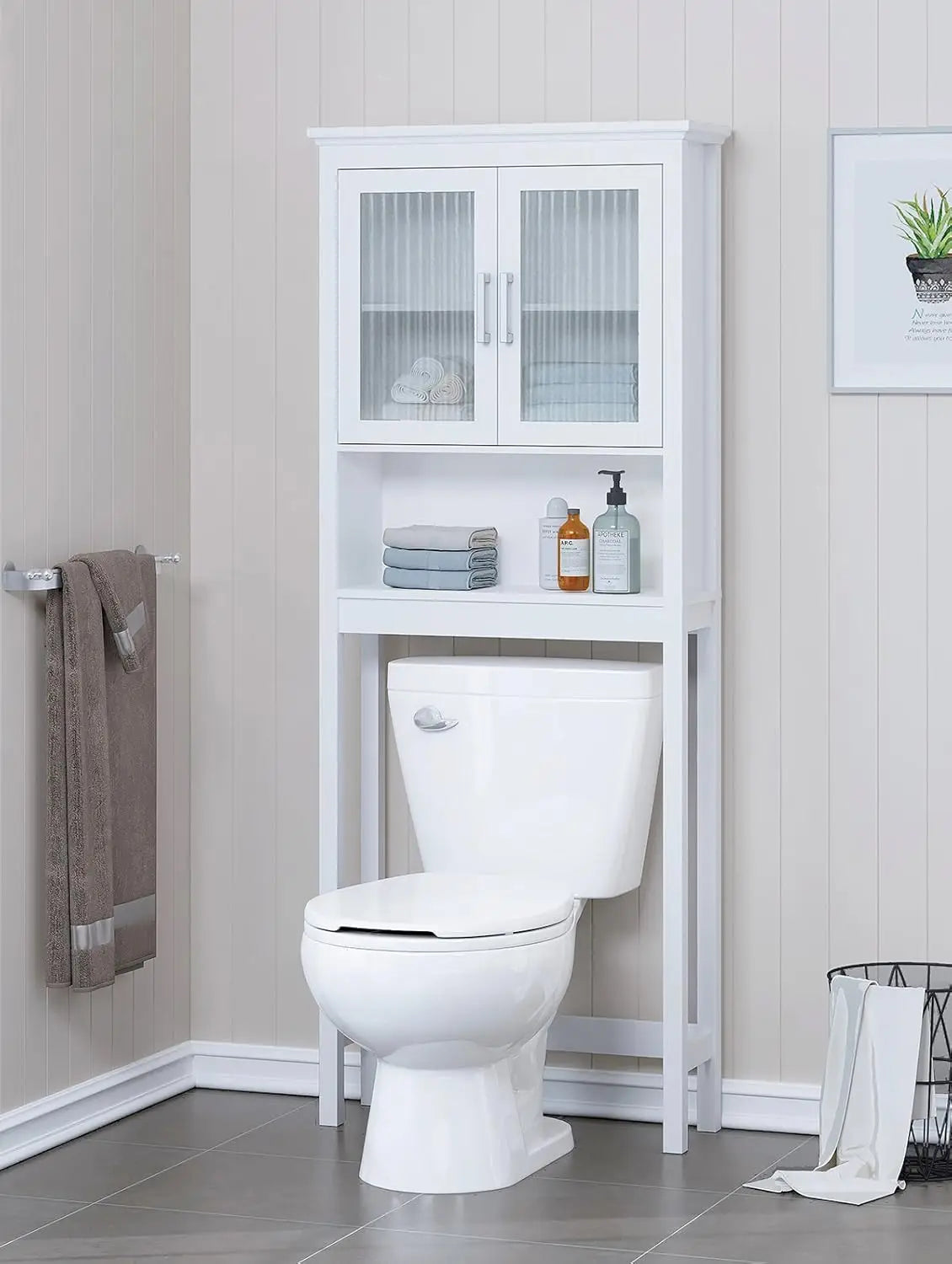 The Toilet Cabinet for Bathroom Storage, Above Toilet Storage Cabinet with Tempered Glass Doors, White