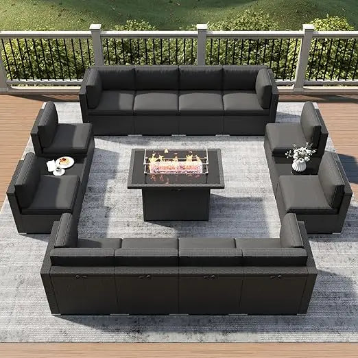 Outdoor Rattan Sofa, Fire Pit Table, Outdoor Conversation Sets Wicker  Sectional Sofa ,Coffee Table,15 Piece Patio Furniture Set