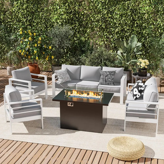 Patio Furniture Set, with Fire Pit, 7 Seats Modern Outdoor Furnitures with Thickness 5" Cushion, Outdoor Garden Furniture Sets