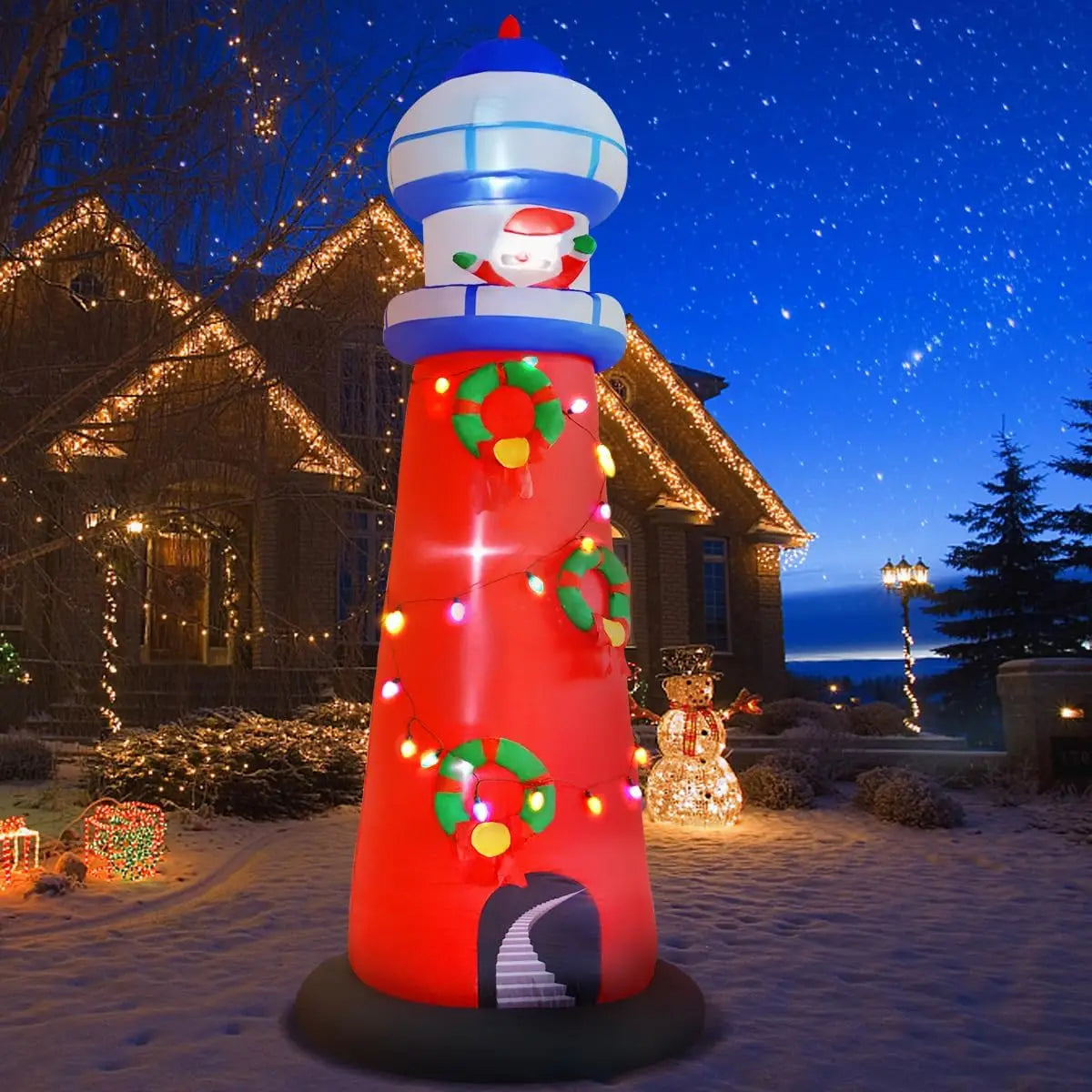 Christmas Inflatable Lighthouse Decorations, 10FT Giant Blow Up Beacon with Santa Claus Built in Colorful LED Bulbs Inflate