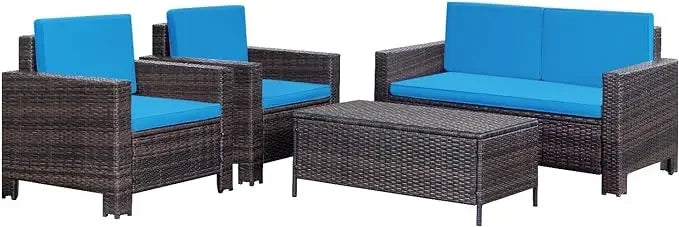 4 Pieces Patio Furniture Sets Rattan Chair Wicker Conversation Sofa Set, Outdoor Indoor Backyard Garden Poolside Balcony Use