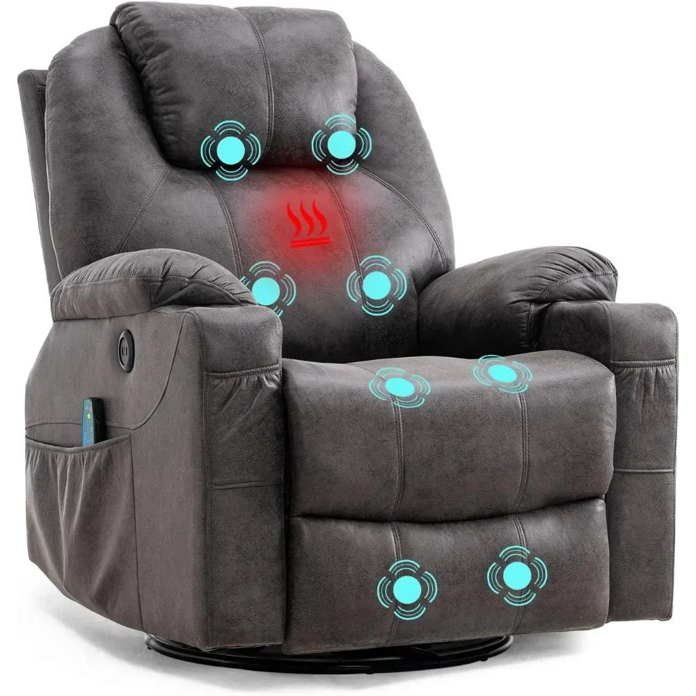 Swivel Rocker Recliner Chair Ergonomic Lounge Reclining Chair with 4 Pockets Cup Holders Remote Control，Gray，Living Room Chairs