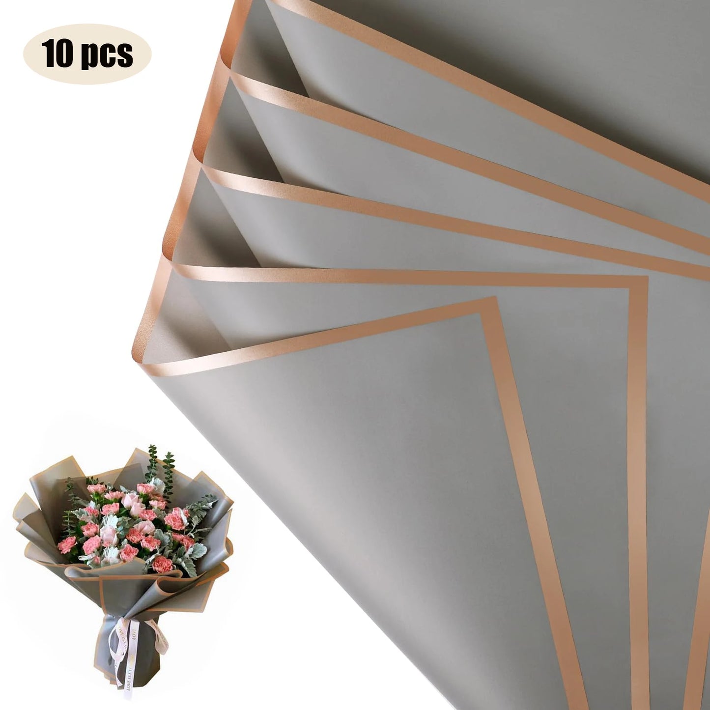 10 Sheets Flower Wrapping Paper with Golden Edges, Waterproof Bouquet Packaging - Ideal for DIY Weddings & Birthdays