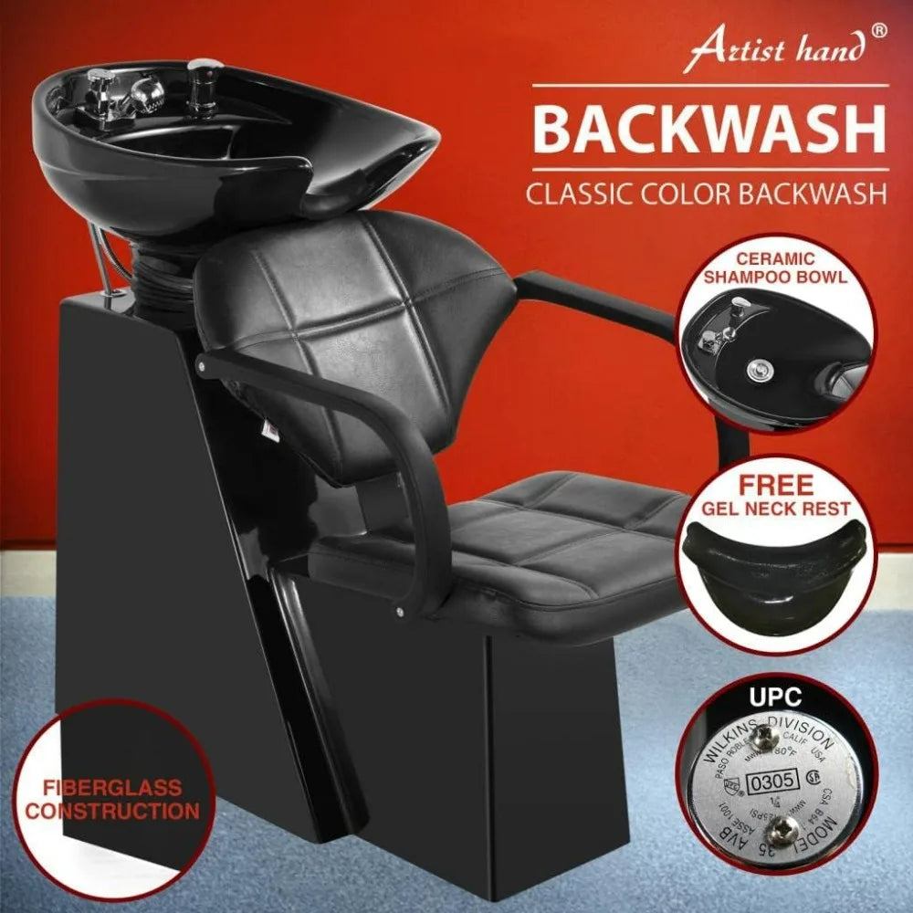 Shampoo Bowl Backwash Barber Chair Adjustable Ceramic Bowl Sink W/Rubber Headrest for Salon Beauty Spa Equipment (Black)