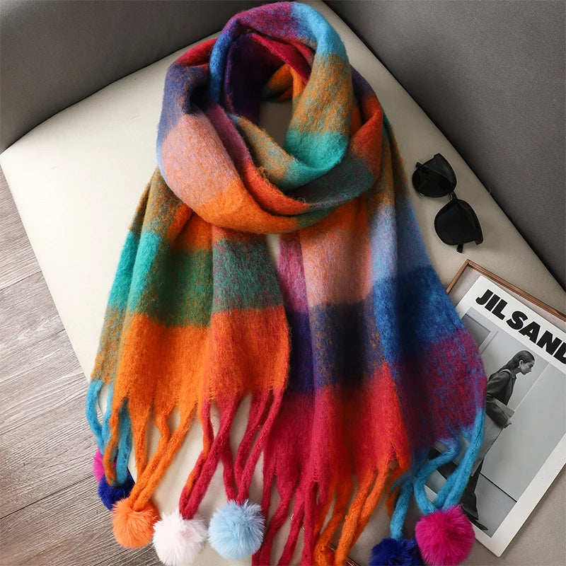 Luxury Plaid Scarf Winter Warm Cashmere Women Hairball Pashmina Foulard Female Scarves Lady Tassel Shawl Wraps 2023 Design New