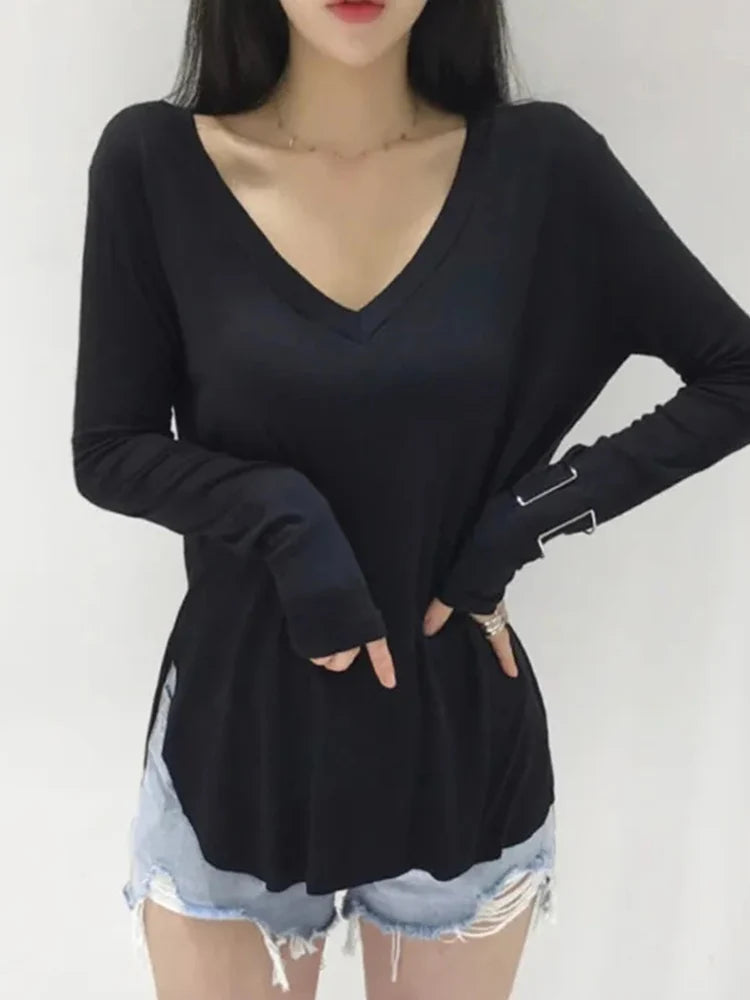 Casual V Neck T Shirt For Women Spring 2023 Korean Style Woman Clothes Basic T Shirts Long Sleeve Tops Loose Tee Shirt Camisetas