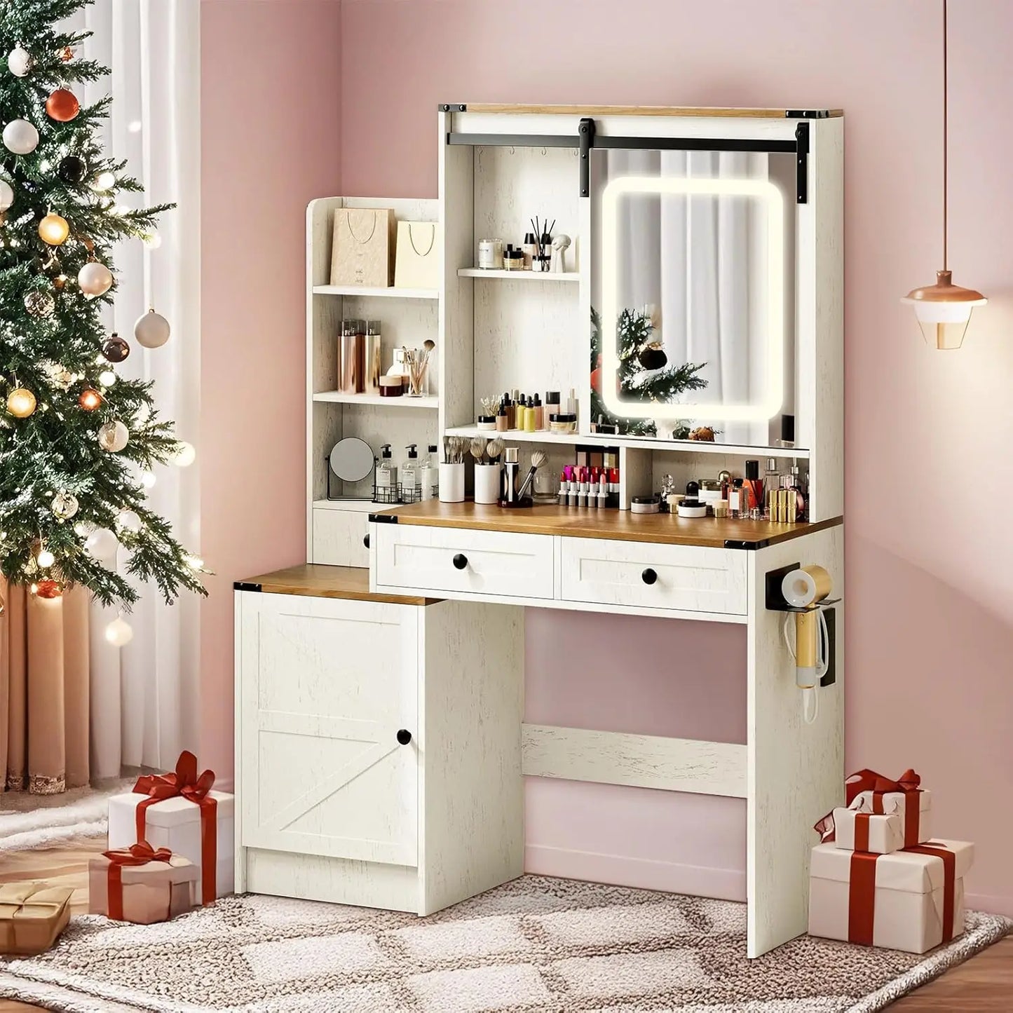 Vanity Desk with Large HD Mirror & Adjustable Lights, with Lots Storage with Hair Dryer Holder & Power Strip, Makeup Desk