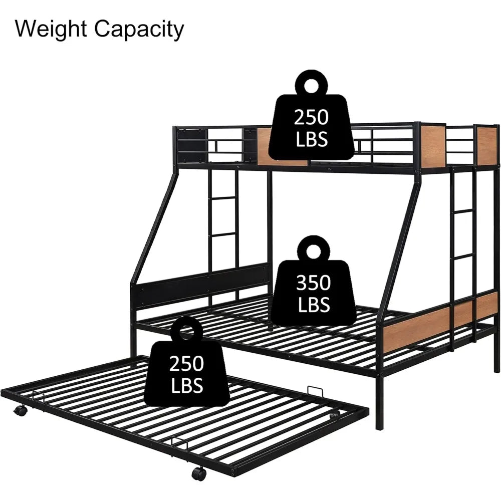 Twin Over Full Bunk Beds with Trundle Bed, Heavy Duty Metal Bed Frame with Safety Rail 2 Side Ladders, No Box Spring Needed