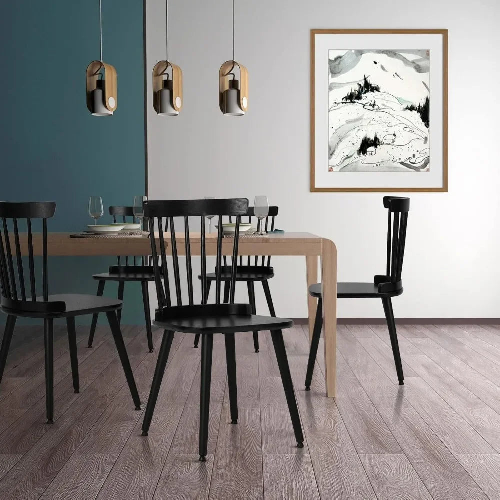 6 Pc Dining Chair Set, Farmhouse Solid Wood Spindle Back Side Chair Mid-Century Modern Black Armless Kitchen Chair