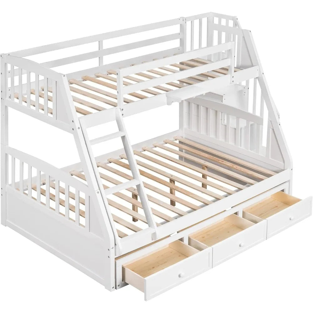 Twin-Over-Full Bunk Bed, with Stairs and Storage Drawers, Ladder, for Kids Teens Adults, Solid Wood Bunk Bed Frame