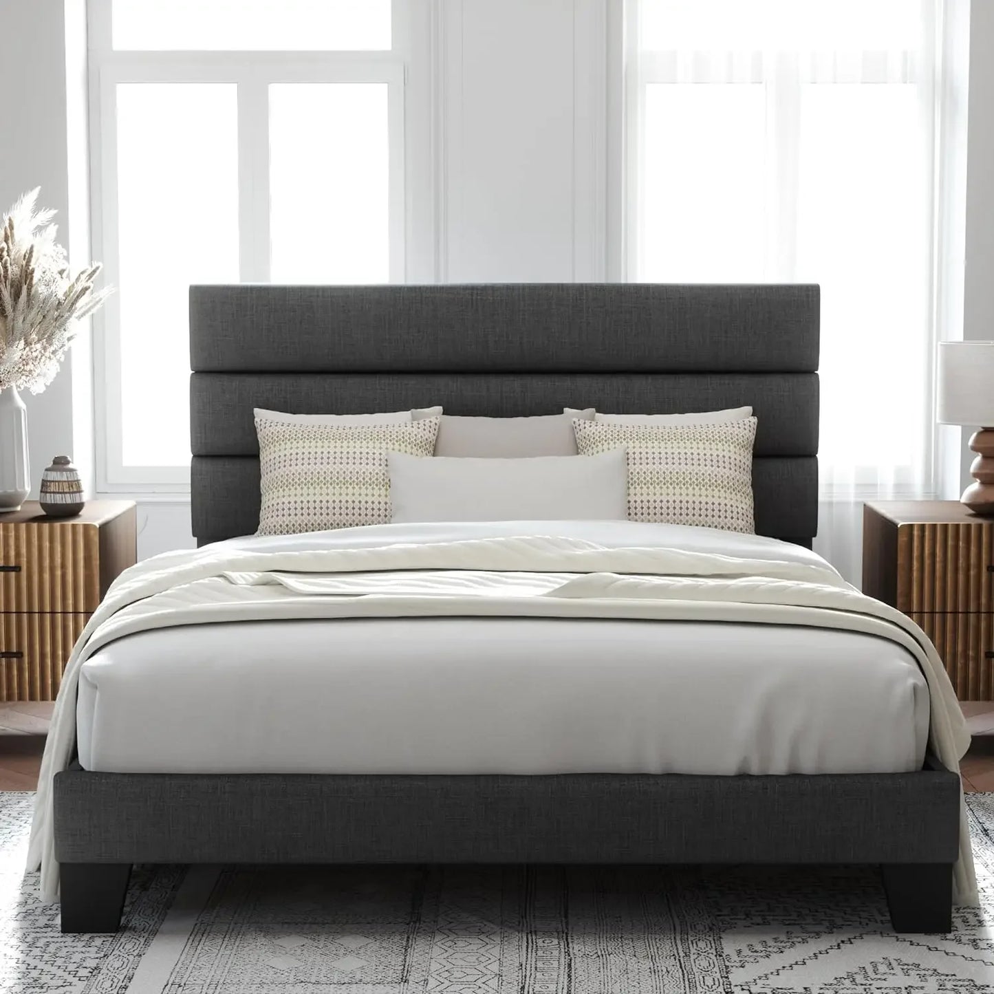 Queen Size Platform Bed Frame with Velvet Upholstered Headboard and Wooden Slats Support, Fully Upholstered Mattress