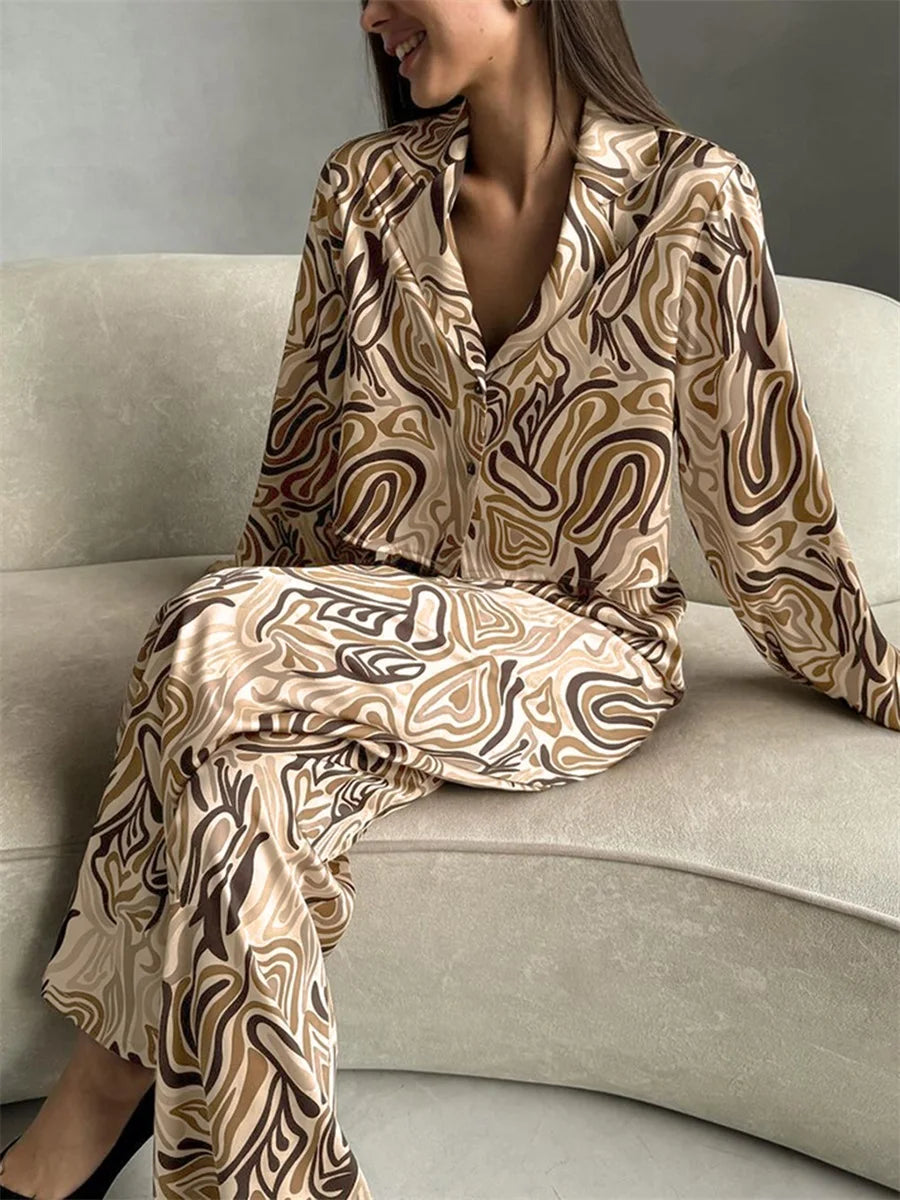 New Fashion Women 2 Piece Pajamas Set Abstract Print Long Sleeve Shirt And Elastic Pants For Loungewear Soft Sleepwear S M L