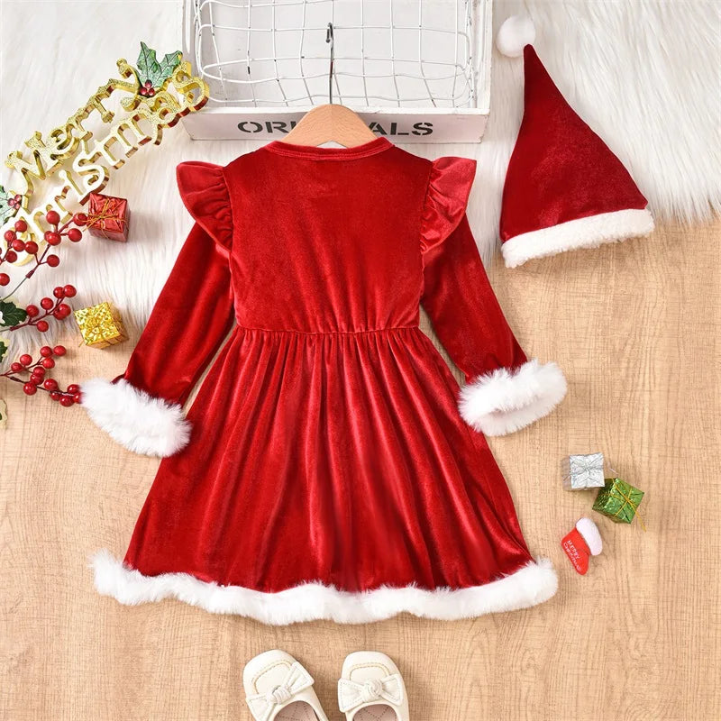 Blotona Little Girls Christmas Outfits Ruffled Long Sleeve Letter Print Velvet Terry Trim A-Line Dress with Santa Hat