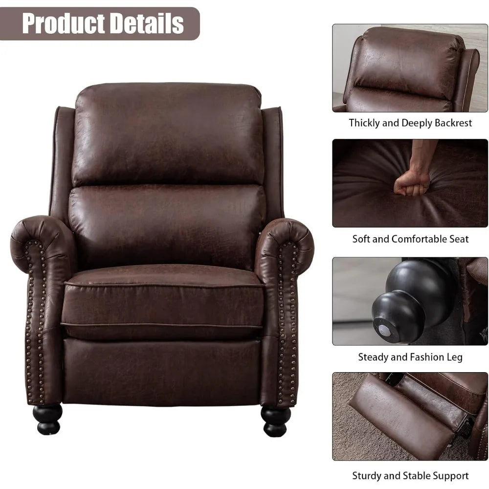 Reddish Brown Sofa Leather Armchair Push Back Recliner With Rivet Decoration Single Sofa Accent Chair for Living Room Armchairs