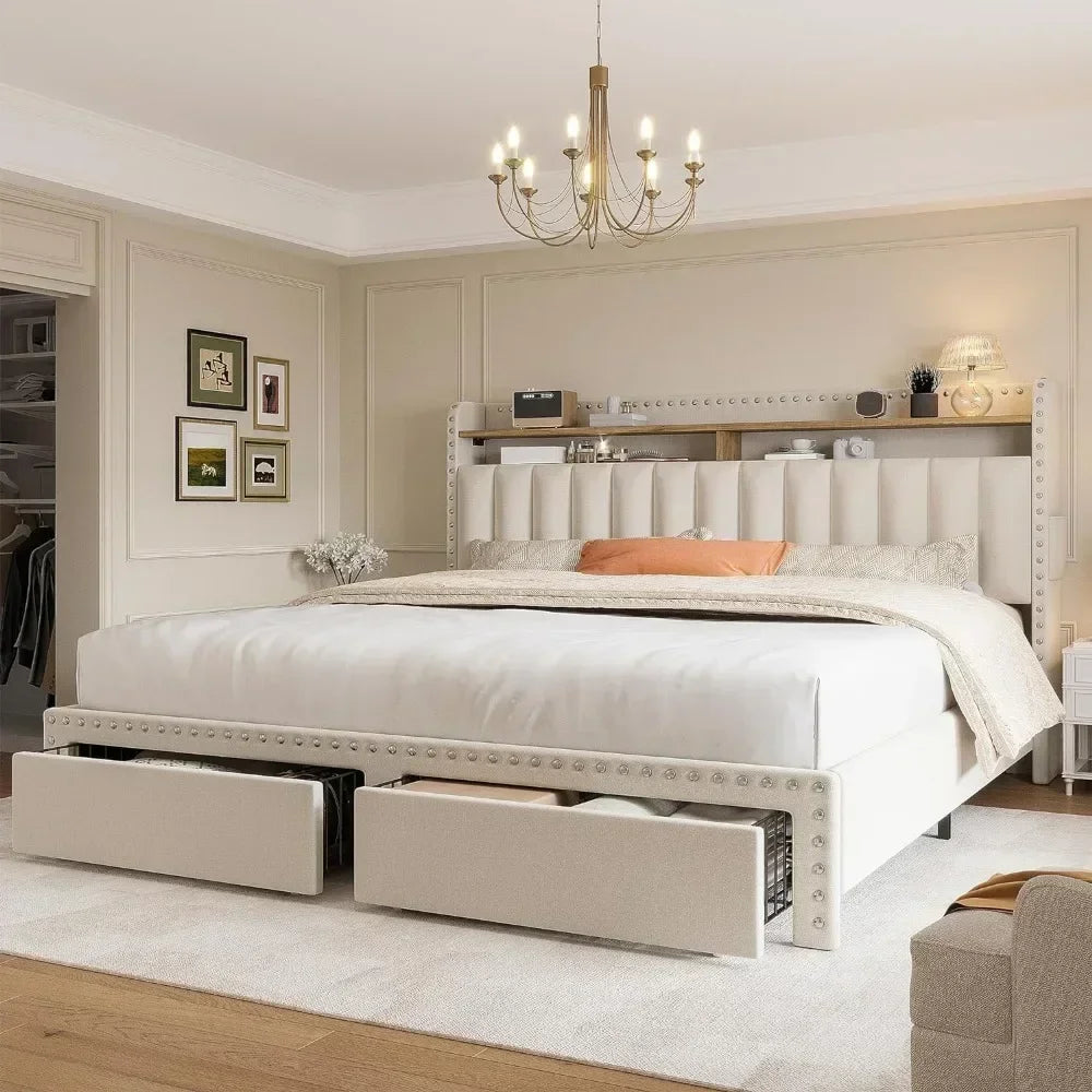 Queen Bed Frame with Headboard and Storage, Upholstered Queen Bed Frame with Storage, Queen Size Bed Frame with 2 Drawer