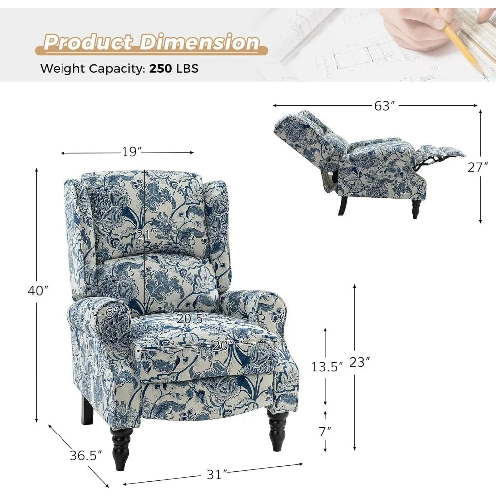 Upholstered Wingback Recliner Chair, Small Adjustable Footrest Push Back Single Reclining Sofa,Lounge Armchair for Living Room