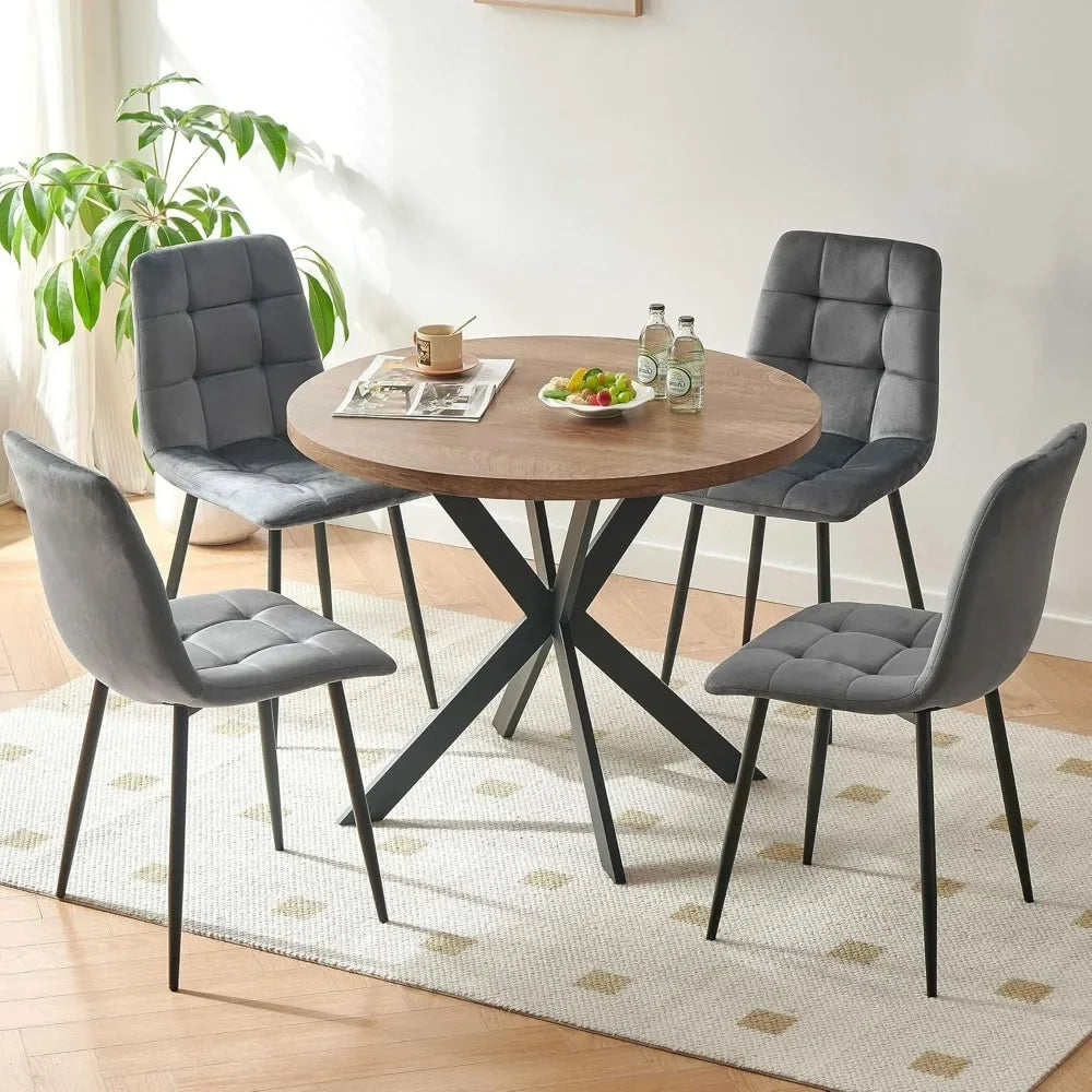 37" Round Dining Table MDF Faux Wood Tabletop, Grey Velvet Dining Chairs Upholstered Side Chair with Back