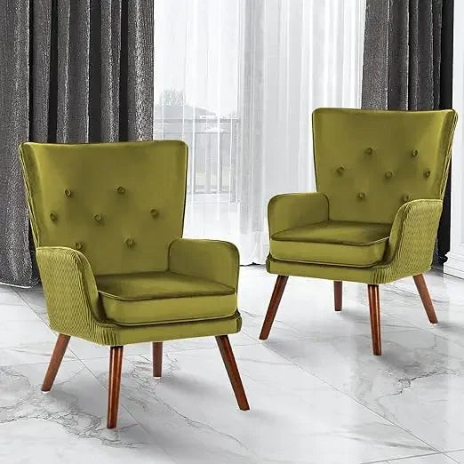 Velvet Accent Chair Set of 2, Modern Wingback Armchair with High-Back,Accent Club Arm Chair (Green),Living Room Chairs