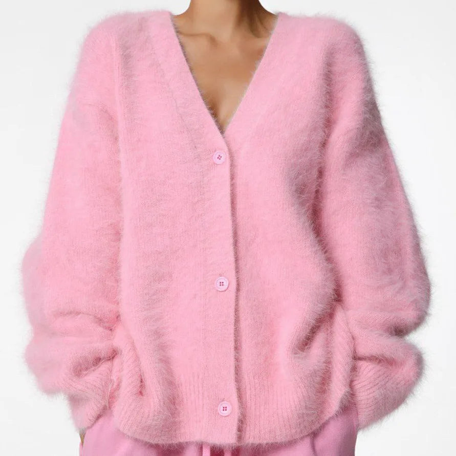 Elegant Mohair Knitted Cardigans Loose O Neck Single Breasted Long Sleeve Sweater Fall Clothes 2024 Women Pink Cardigan Luxury