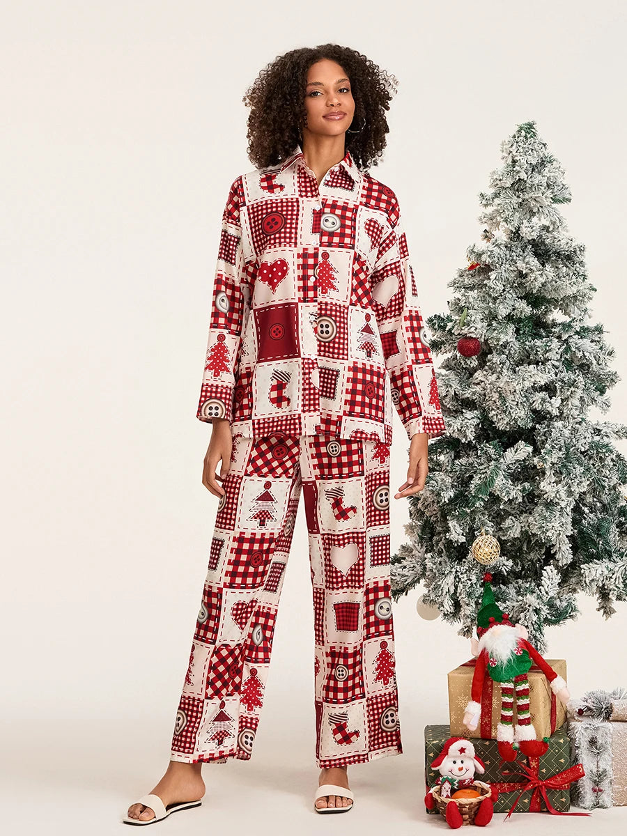 New Women 2 Piece Pajamas Set Christmas Print Long Sleeves Button Shirt And Elastic Pants For Loungewear Soft Sleepwear S-XL