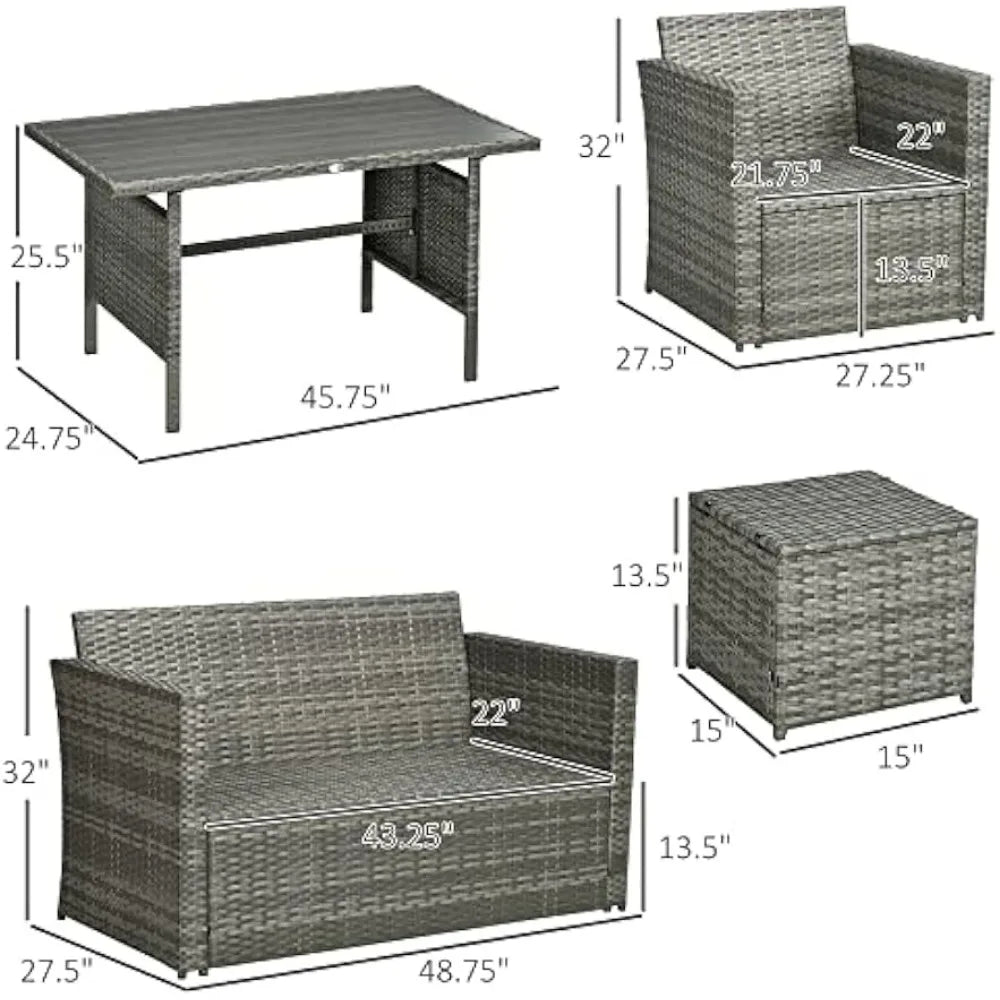 6 Piece Patio Sofa Set, with 2 Chairs Cushions & Outdoor Loveseat Sofa, Woodgrain Slatted Dinner Table, PE Rattan Furniture Set