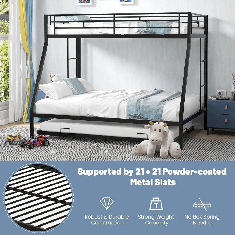 Bunk Bed with Trundle, Heavy-Duty Metal Bunk Bed Frame with Guardrail & 2 Ladders, Space-Saving Bunk Bed for Kids/Teens/Adults