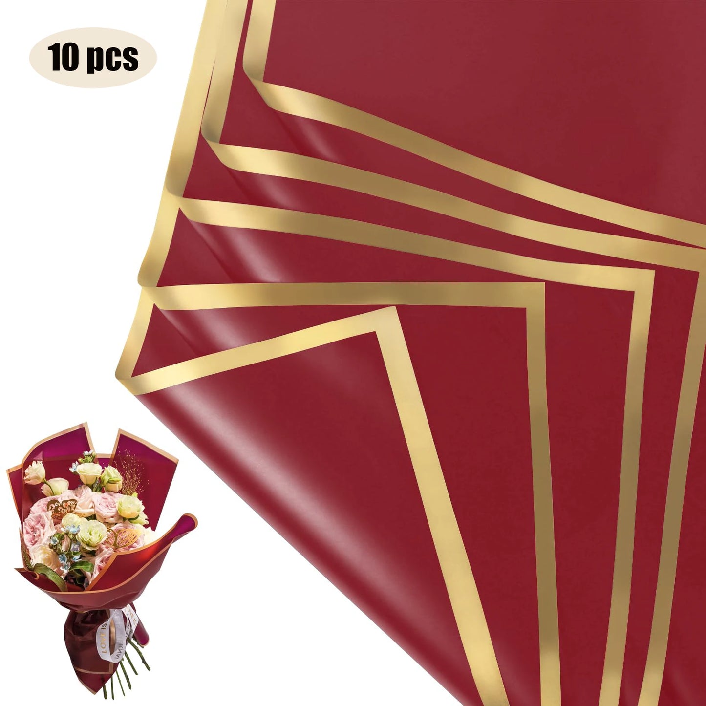 10 Sheets Flower Wrapping Paper with Golden Edges, Waterproof Bouquet Packaging - Ideal for DIY Weddings & Birthdays