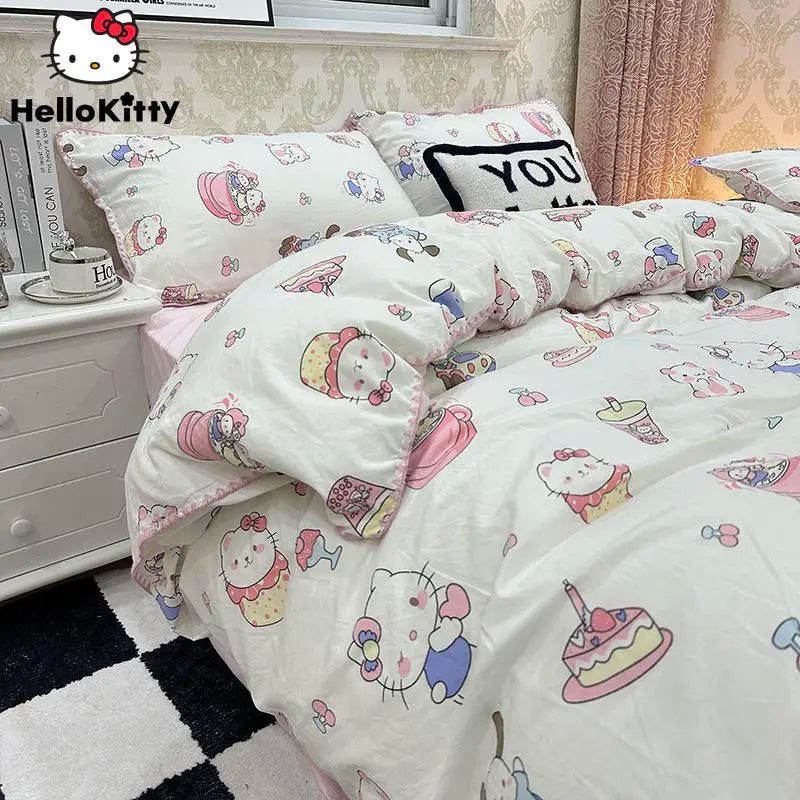 Sanrio Hello Kitty Cartoon Four Piece Sets Household Bedroom Sweet Cute Student Dormitory Bed Quilt Cover Sheet With Pillowcases